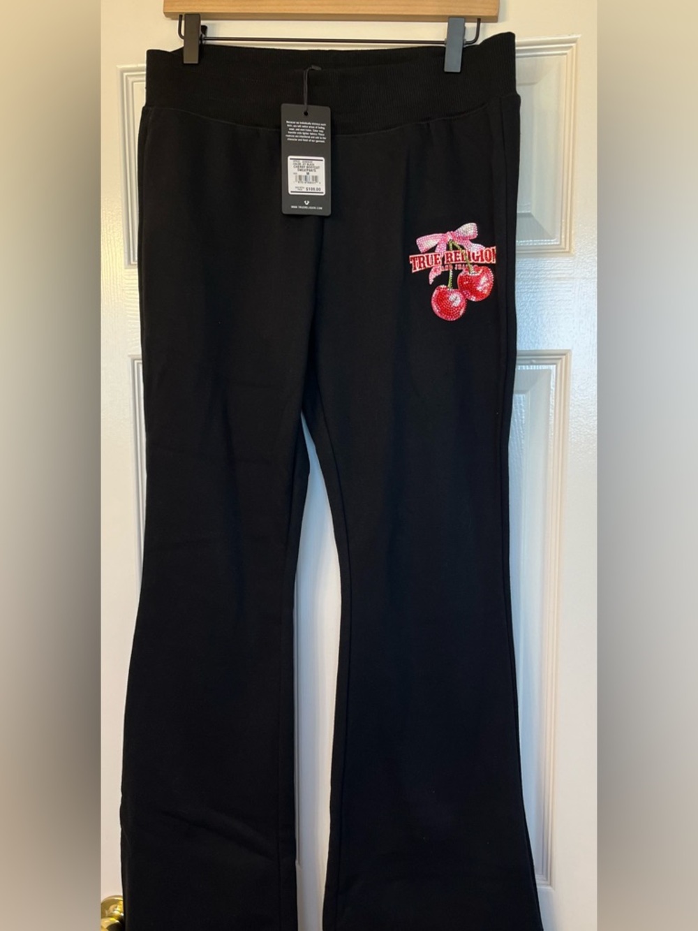 True Religion Womens Black Sweatpants with Pink & Red Cherry Embellishment Patch
